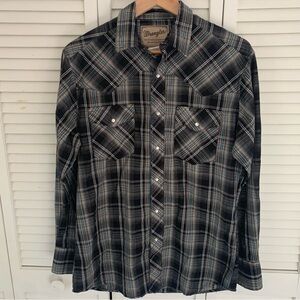 Wrangler‎ Western Fashion Mens M Shirt Black Blue Plaid Pearl Snap Long Sleeve